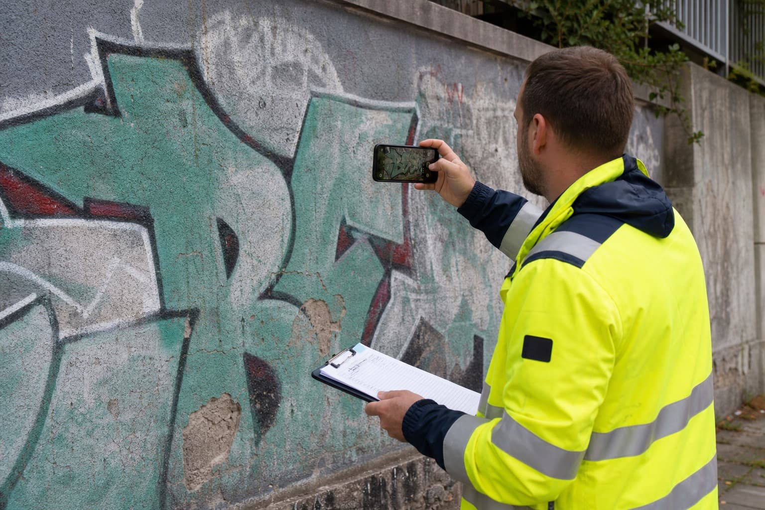 Mitarbeiter dokumentiert eine Graffiti-Fläche mit dem Smartphone